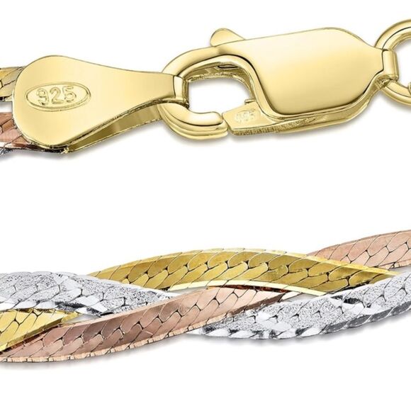 Fine Italian 18k 925 Tri-Color Herringbone Braided Necklace - Picture 5 of 8